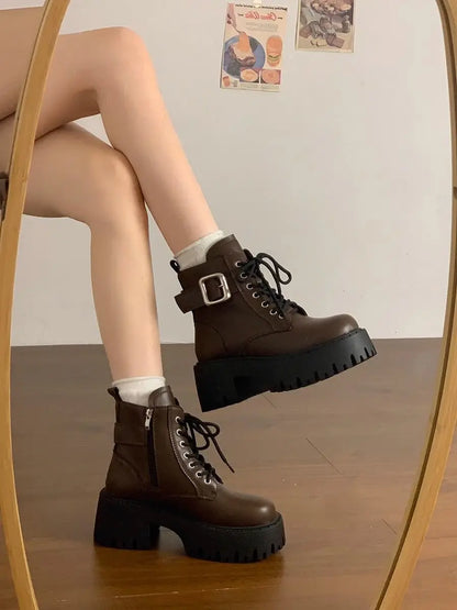 Height Increase Leather Round Toe Woman Short Shoes Spring Autumn Lace-up Chunky Booties High Quality Hot Ankle Boots for Women